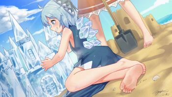 2girls absurdres barefoot beach blue_bow blue_dress blue_eyes blue_hair blush bow chinese_commentary cirno cloud commentary_request cryokinesis day detached_wings dirty dirty_feet dress feet foot_focus grin hair_bow hakurei_reimu highres holding holding_shovel ice ice_castle ice_wings littiecy multiple_girls ocean outdoors sand sand_castle sand_sculpture shovel sleeveless sleeveless_dress smile solo_focus toes touhou wings