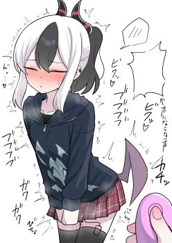 1girl absurdres arrow_(symbol) black_hair black_hoodie black_horns black_thighhighs blue_archive blush closed_eyes closed_mouth controller egg_vibrator forced_orgasm highres holding holding_remote_control hood hood_down hoodie horns kayoko_(blue_archive) long_sleeves multicolored_hair nyanzai-sensei pov pov_hands purple_wings pussy_juice red_skirt remote_control remote_control_vibrator sex_toy single_wing skirt solo_focus spoken_blush thighhighs translation_request two-tone_hair variant_set vibrator vibrator_in_thighhighs vibrator_under_clothes white_background white_hair wings