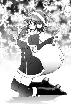 1girl bag black_boots black_thighhighs blush boots breasts candy capelet chaos;child christmas chupa_chups cleavage detached_sleeves dress eibon elbow_gloves food from_side fur-trimmed_boots fur-trimmed_capelet fur-trimmed_dress fur-trimmed_gloves fur_scarf fur_trim gift gloves greyscale hat holding holding_bag holding_candy holding_food holding_lollipop kazuki_hana kneeling large_breasts lollipop lollipop_in_mouth looking_at_viewer miniskirt monochrome santa_costume santa_hat scarf science_adventure short_dress short_hair skirt smile solo thighhighs white_scarf