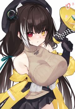 1girl :o absurdres arm_behind_back bare_shoulders black_gloves black_hat black_skirt blush breasts brown_hair clothes_pull diieru elbow_gloves girls&#039;_frontline girls&#039;_frontline_2:_exilium gloves hand_up hat heart heterochromia highres holding holding_megaphone jacket jacket_pull large_breasts long_hair looking_at_viewer megaphone miniskirt multicolored_hair off_shoulder open_clothes open_jacket pleated_skirt ro635_(girls&#039;_frontline) robella_(girls&#039;_frontline_2) skirt sleeveless sleeveless_sweater solo streaked_hair sweater twintails two-tone_hair very_long_hair white_hair yellow_jacket