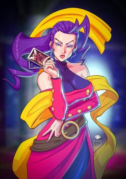 ahoge artist_logo artist_name belt belt_buckle bernhard_binder bodystocking breasts brown_belt buckle capcom capcom_fighting_jam card dress eyeshadow gold_buttons highres holding holding_card large_breasts lips logo long_sideburns m._bison makeup purple_background purple_dress purple_eyes purple_eyeshadow purple_hair rose_(street_fighter) shawl sideburns single_hair_intake street_fighter street_fighter_iv_(series) street_fighter_v street_fighter_zero_(series) tarot tarot_card thin_eyebrows throne yellow_shawl