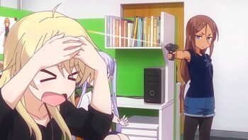 >_< 10s 3girls ahagon_umiko airsoft animated animated_gif anime_screenshot armpit_peek black_legwear black_shirt blonde_hair blue_eyes book bookshelf brown_hair closed_eyes computer computer_tower dark-skinned_female dark_skin denim denim_shorts firing gun hair_between_eyes handgun holding holding_gun holding_weapon indoors long_hair multiple_girls new_game! pain pantyhose pantyhose_under_shorts poster_(object) shirt short_sleeves shorts sitting sleeveless sleeveless_shirt standing suzukaze_aoba tears twintails weapon white_shirt yagami_kou