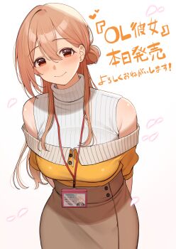 1girl absurdres arms_behind_back blush brown_hair brown_skirt character_request closed_mouth commentary_request gradient_background hair_between_eyes highres id_card long_hair looking_at_viewer office_lady original pencil_skirt pink_background red_eyes shirt skirt sweater translation_request turtleneck turtleneck_sweater udon_(udonalium) white_background white_sweater yellow_shirt