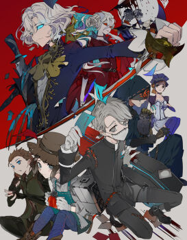 Rule 34 | 3girls, 6+boys, aesop carl, alternate hair length, alternate hairstyle, annotated, apron, ascot, bird, black hair, black jacket, black pants, black shoes, blindfold, blue eyes, blue jacket, blue necktie, blue pants, blue sclera, bob cut, boots, bow, braid, breasts, briefcase, brown boots, brown gloves, brown hair, claws, cleavage, coffin, colored sclera, colored skin, cross-shaped pupils, dress, elbow gloves, eli clark, emma woods, facial mark, fan wujiu, fingerless gloves, floating clothes, floating hair, freckles, frilled dress, frills, gloves, gold trim, green apron, green eyes, grey eyes, grey hair, grey jacket, grey pants, grey skin, hair between eyes, hair bow, hair rings, hair slicked back, half up bun, hat, highres, holding, holding sword, holding weapon, hood, hood up, hooded vest, hoodie, identity v, jack (identity v), jacket, joseph desaulniers, looking ahead, looking at viewer, looking to the side, low ponytail, mary (identity v), mask, mole, mole under eye, mouth mask, multicolored hair, multiple boys, multiple girls, naib subedar, necktie, owl, pants, ponytail, puffy sleeves, purple dress, purple thighhighs, red dress, red eyes, red sclera, robe, shirt, shoes, short ponytail, single braid, sitting, smile, solid eyes, squatting, stitched clothes, stitched neck, stitches, straw hat, suou (sdurorhr), sword, symbol-shaped pupils, thighhighs, top hat, two-tone hair, vera nair, vest, wavy hair, weapon, white gloves, white hair, white shirt, white skin, wu chang, xie bi'an, yellow ascot, yellow bow