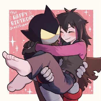 Rule 34 | 1boy, 1girl, alternate universe, atom (tetsuwan atom), barefoot, blush, cape, carrying, closed eyes, cora (tetsuwan atom), cora (tetsuwan atom 2009), couple, gloves, highres, holding, joints, long sleeves, marias (harako), multicolored hair, non-humanoid robot, pants, pink sleeves, princess carry, robot, robot joints, sleeveless, sleeveless jacket, soles, streaked hair, tetsuwan atom, toes, torn cape, torn clothes, yellow eyes