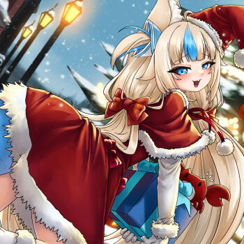 1girl alternate_costume animal_ears blue_bow blue_eyes blue_streaks blush bow capelet cat_ears dress fins fish_girl fish_tail fur-trimmed_capelet fur-trimmed_dress fur-trimmed_headwear fur-trimmed_jacket fur_trim hair_bow hat highres indie_virtual_youtuber jacket kaniki_(sameko_saba) long_hair looking_at_viewer one_side_up open_mouth outdoors red_capelet red_dress red_hat sameko_saba santa_costume santa_dress santa_hat smile solo superfann tail very_long_hair virtual_youtuber white_sleeves
