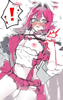 1girl baobhan_sith_(fate) baobhan_sith_(swimsuit_pretender)_(first_ascension)_(fate) blush breasts camisole cernunnos_(fate) character_hood detached_collar disembodied_hand fate/grand_order fate_(series) grey_eyes hair_intakes jacket kpaoi large_breasts long_hair long_sleeves looking_at_viewer microskirt navel nipples open_clothes open_jacket open_mouth pink_hair pointy_ears red_skirt sidelocks skirt solo_focus thighs white_camisole white_jacket