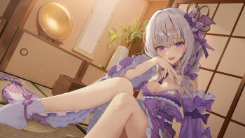 1girl absurdres bare_shoulders blush bow bowtie braid breasts cleavage commentary commission crossed_bangs detached_sleeves dress foot_out_of_frame frilled_dress frilled_sleeves frills fusuma grey_hair hair_between_eyes hair_bun hair_ornament hand_up highres indie_virtual_youtuber indoors japanese_clothes kagemoe1003 kimono large_breasts legs long_hair looking_at_viewer medium_breasts medium_hair multicolored_dress multicolored_sleeves naito_mare_(vtuber) no_shoes obi on_floor open_mouth plant potted_plant purple_bow purple_dress purple_eyes purple_kimono purple_ribbon purple_sleeves ribbon sash scroll sidelocks single_braid single_hair_bun sitting sliding_doors socks solo thighs two-tone_dress two-tone_sleeves virtual_youtuber white_dress white_sleeves white_socks