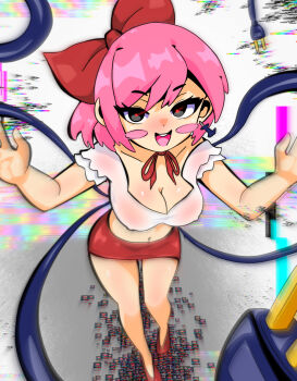 blush bow breasts cable glitch highres levelone non-web_source original pink_hair red_eyes