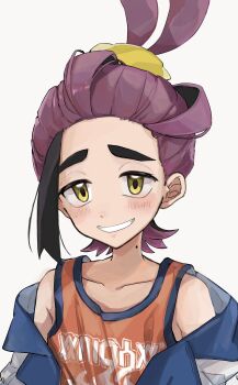 1boy absurdres black_hair blush commentary_request grey_background grin hachiya_(silica_q) highres jacket kieran_(pokemon) looking_at_viewer male_focus mole mole_on_neck multicolored_hair nintendo off_shoulder open_clothes open_jacket pokemon pokemon_sv purple_hair red_tank_top simple_background smile solo tank_top upper_body white_jacket yellow_eyes