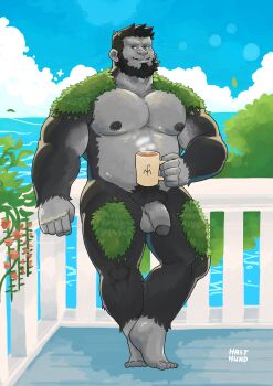 1boy absurdres adam's_apple against_fence bara beard body_fur cup facial_hair fence flaccid full_beard full_body furry furry_male gorilla_boy grey_fur hahasthund highres holding holding_cup large_pectorals looking_at_viewer male_focus male_pubic_hair muscular muscular_male nipples original outdoors pectorals penis pubic_hair short_hair smile solo standing strongman_waist thick_beard thick_neck thick_thighs thighs uncensored