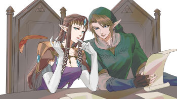 1boy 1girl armor blonde_hair blue_eyes blue_gemstone breasts brown_gloves brown_hair chair cleavage crown dress earrings elbow_gloves finger_to_mouth fingerless_gloves gem gloves green_hair green_tunic grey_shirt hair_ribbon highres holding holding_paper holding_quill jewelry kurokawa_karasu link long_hair medium_breasts nintendo paper parted_bangs parted_lips phrygian_cap pointy_ears princess_zelda purple_dress quill ribbon shirt short_hair shoulder_armor sidelocks sitting swept_bangs table the_legend_of_zelda the_legend_of_zelda:_twilight_princess tunic upper_body white_background white_gloves white_ribbon