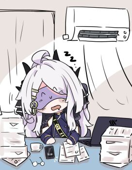 1girl ahoge air_conditioner blue_archive blue_jacket cellphone computer demon_girl demon_horns drooling e_v_e_neko hair_ornament hairclip highres hina_(blue_archive) horns indoors jacket laptop long_hair long_sleeves mouth_drool open_mouth paper_stack parted_bangs phone sitting sleep_mask sleeping smartphone solo white_hair zzz