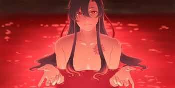 1boy androgynous artist_name black_hair branded closed_mouth collarbone commentary english_commentary hair_between_eyes hair_down hair_ribbon half_updo hansdumps highres long_hair looking_at_viewer modao_zushi nude official_alternate_hairstyle partially_submerged red_eyes red_water ribbon scar scar_on_chest sidelocks smile solo upper_body water wei_wuxian wei_wuxian_(yiling_laozu)