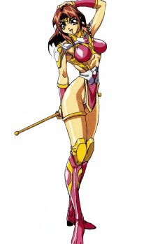 1990s_(style) 1996 1girl arm_up armor boots brown_hair choujin_gakuen_gowcaizer clothing_cutout high_heel_boots high_heels highres leotard navel_cutout oobari_masami retro_artstyle ruyi_jingu_bang shiny_clothes shiny_skin shoulder_armor smiley_face son_karin spandex stick sun_hualing tan