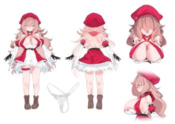 1girl absurdres areola_slip back bare_shoulders black_choker black_gloves blue_eyes boots breasts brown_boots brown_hair choker cleavage closed_mouth commentary crossed_bangs double-parted_bangs dress english_commentary frilled_dress frilled_thigh_strap frills full_body gloves hair_between_eyes hat highres huge_breasts long_hair long_sleeves looking_at_viewer multiple_views original panties rayno red_dress red_hat reference_sheet simple_background thigh_strap underwear unworn_panties white_background white_panties