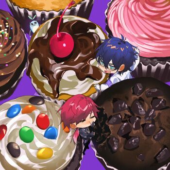 2boys absurdres aqua_eyes black_gloves black_shirt blue_hair cherry chibi chibi_only closed_eyes commentary cupcake eating fingerless_gloves food fruit full_body gloves hair_between_eyes highres jacket kome_non lauren_iroas lauren_iroas_(1st_costume) leos_vincent leos_vincent_(1st_costume) long_hair looking_at_another male_focus mameneko_(leos_vincent) multiple_boys nijisanji open_mouth outstretched_arms ponytail purple_background red_hair shirt short_hair simple_background smile symbol-only_commentary virtual_youtuber white_jacket