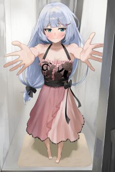 1girl absurdres aqua_eyes barefoot blush closed_mouth commentary_request commission embarrassed foreshortening full_body grey_hair hair_ornament hairclip highres idolmaster idolmaster_million_live! idolmaster_million_live!_theater_days incoming_hug indoors kawagoemurasaki long_hair low-tied_long_hair nightgown official_alternate_costume outstretched_arms pink_nightgown pixiv_commission sexy_beautiful_(idolmaster) shiraishi_tsumugi sideways_glance solo standing