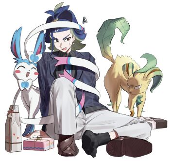 Rule 34 | 1boy, adaman (palentine's 2026) (pokemon), adaman (pokemon), alternate color, black socks, blank eyes, blue hair, blue necktie, blush, blush stickers, bow, box, closed mouth, collared shirt, commentary, earrings, eyebrow cut, gen 4 pokemon, gen 6 pokemon, gift, gift box, green hair, jacket, jealous, jewelry, leafeon, long hair, multicolored hair, necktie, nervous sweating, nintendo, official alternate costume, open clothes, open jacket, open mouth, pants, pokemon, pokemon (creature), pokemon masters ex, ponytail, ribbon, shiny pokemon, shirt, shoes, sitting, smile, socks, squiggle, sweat, sylveon, umebosi nigame, untranslatable commentary, unworn shoes, white pants