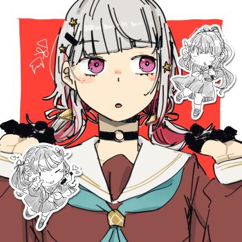 Rule 34 | 3girls, 524ryo, :o, ;p, aqua neckerchief, black choker, black gloves, border, brown dress, chibi, chibi inset, choker, colored inner hair, commentary request, dress, drop shadow, fujishima megumi, gloves, grey hair, hair ornament, hair ribbon, hairclip, half gloves, hasu no sora school uniform, heart, highres, holding, holding microphone, link! like! love live!, loafers, long hair, long sleeves, looking at viewer, love live!, low twintails, medium dress, medium hair, microphone, multicolored hair, multiple girls, neckerchief, o-ring, o-ring choker, official alternate hairstyle, on your mark (love live!), one eye closed, otomune kozue, outline, outside border, parted lips, partially colored, pink eyes, pleated dress, pointing, pointing at viewer, ponytail, red background, red hair, red streaks, ribbon, romaji commentary, sailor collar, sailor dress, school uniform, shoes, short twintails, simple background, smile, socks, star (symbol), star hair ornament, streaked hair, sweatdrop, tongue, tongue out, twintails, virtual youtuber, white background, white border, white outline, white sailor collar, winter uniform, yugiri tsuzuri