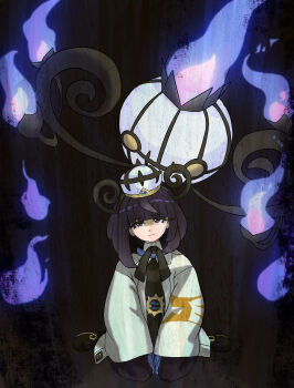 1girl absurdres anafuchi belt belt_buckle black_pantyhose black_shoes blue_gloves blunt_bangs bob_cut buckle chandelure closed_mouth coat commentary_request eyelashes full_body gen_5_pokemon gloves gwynn_(pokemon) hat highres light_frown long_sleeves looking_at_viewer mega_stone nintendo o-ring o-ring_belt open_clothes open_coat pantyhose pokemon pokemon_(creature) pokemon_legends:_z-a purple_eyes purple_hair shoes short_hair sitting wariza white_coat wide_sleeves