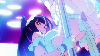 1girl angel angel_girl animated anime_screenshot blue_bow blue_hair bow breasts hair_bow large_breasts long_hair looking_at_viewer midriff multicolored_hair open_mouth panty_&amp;_stocking_with_garterbelt pink_hair pole pole_dancing smile socks stocking_(psg) striped_clothes striped_socks stripper_pole tagme two-tone_hair video