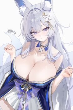 1girl :o absurdres animal_ear_fluff animal_ears azur_lane bare_shoulders blue_eyes breasts cleavage detached_collar detached_sleeves fox_ears fox_girl fox_tail freng grey_background grey_hair hair_ornament highres large_breasts long_hair looking_at_viewer mole mole_under_eye multiple_tails shinano_(azur_lane) signature skirt solo tail white_skirt wide_sleeves
