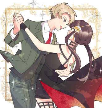 1boy 1girl :d absurdres bare_shoulders black_dress black_hair blonde_hair blue_eyes blush border commentary_request couple cowboy_shot dancing dress earrings face-to-face formal_clothes gold_earrings hairband hakuuyori hetero highres jewelry long_hair looking_at_another necktie open_mouth ornate_border red_eyes red_necktie short_hair sidelocks sleeveless sleeveless_dress smile sparkle spy_x_family suit twilight_(spy_x_family) very_short_hair yor_briar