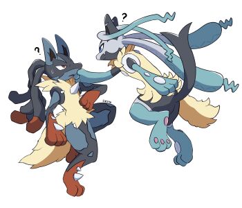 Rule 34 | ?, black fur, blue eyes, blue fur, gen 4 pokemon, highres, looking at another, lucario, mega lucario, mega lucario z, mega pokemon, multicolored fur, nintendo, pokemon, pokemon (creature), red eyes, siestingtime, simple background, spikes, tail, white background, yellow fur