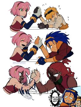 Rule 34 | 1girl, 3boys, amy rose, bare shoulders, black gloves, blue hair, brown jacket, clenched teeth, dark-skinned male, dark skin, dreadlocks, english text, flying sweatdrops, from side, gloves, goggles, goggles on head, hairband, highres, historiaallen, jacket, knuckles the echidna, long hair, multiple boys, muscular, muscular female, muscular male, personification, pink hair, red hair, red hairband, short hair, simple background, smile, sonic (series), sonic the hedgehog, tails (sonic), teeth