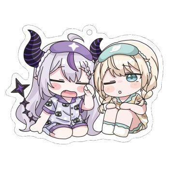 2girls ;o ahoge blonde_hair blue_eyes braid braided_bangs brown_pajamas brown_shirt brown_shorts chibi collared_shirt commentary_request demon_horns dress_shirt fang grey_hair hand_up highres hololive horns kazama_iroha la+_darknesss long_hair low_twintails mask mask_on_head mochimiko multicolored_hair multiple_girls one_eye_closed open_mouth pajamas parted_lips purple_hair purple_pajamas purple_shirt purple_shorts rubbing_eyes seiza shirt short_sleeves shorts simple_background sitting sleep_mask streaked_hair twin_braids twintails very_long_hair virtual_youtuber wavy_mouth white_background