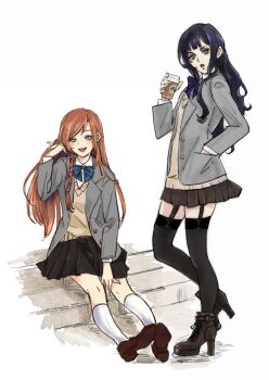 2girls alternate_costume black_boots black_bow black_bowtie black_hair black_skirt black_thighhighs blue_bow blue_bowtie blue_eyes boots bow bowtie brown_hair brown_shoes brown_sweater collared_shirt cup disposable_coffee_cup disposable_cup final_fantasy final_fantasy_xiv full_body gaia_(ff14) garter_straps grey_jacket hair_ribbon hand_in_own_hair hand_in_pocket high_heel_boots high_heels highres holding holding_cup jacket loafers multiple_girls open_mouth oyatsuredgray parted_lips pink_ribbon pleated_skirt ribbon ryne_waters school_uniform shirt shoes single_sidelock sitting skirt smile socks standing straight_hair suit_jacket sweater swept_bangs thighhighs wavy_hair white_background white_shirt white_socks