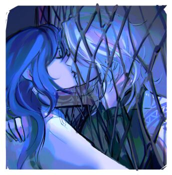 2girls black_hair black_shirt border chain-link_fence chief_(path_to_nowhere) closed_eyes commentary earrings english_commentary female_chief_(path_to_nowhere) fence grey_hair highres jewelry kiss long_hair medium_hair multiple_girls path_to_nowhere shirt shoulder_tattoo sleeveless sleeveless_shirt tattoo white_border ymr18 yuri zoya_(path_to_nowhere)