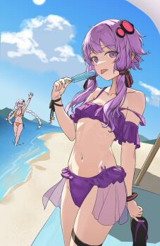 2girls absurdres amely_elden arm_garter bangle bare_shoulders beach beach_umbrella bikini bow bracelet braid breasts cameltoe closed_mouth cloud collarbone day flat_chest flip-flops food frilled_bikini frills groin hair_bow hair_ornament highres holding holding_sandals jewelry kizuna_akari large_breasts long_hair looking_at_viewer mountainous_horizon multiple_girls navel ocean outdoors pink_bikini popsicle purple_eyes purple_hair ribbon sand sandals sidelocks solo_focus standing sun swimsuit thigh_strap tongue tongue_out twin_braids umbrella vocaloid voiceroid water waving white_hair wrist_ribbon yellow_bikini yuzuki_yukari