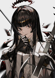 Rule 34 | 1girl, absurdres, arknights, ascot, black ascot, black eyes, black gloves, black hair, black lips, blunt bangs, bow (music), bright pupils, commentary, furittsu, gloves, grey background, highres, holding, holding bow (music), lipstick, long hair, looking at viewer, makeup, mole, mole under eye, pale skin, shirt, smile, solo, upper body, virtuosa (arknights), white pupils, white shirt