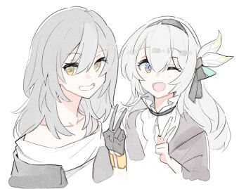 2girls :d bare_shoulders black_gloves black_hairband black_ribbon bow chiriejjiyo collarbone collared_shirt firefly_(honkai:_star_rail) gloves grey_hair grey_jacket grin hair_between_eyes hair_bow hair_ribbon hairband hand_up honkai:_star_rail honkai_(series) jacket long_hair long_sleeves multiple_girls off-shoulder_shirt off_shoulder one_eye_closed open_clothes open_jacket open_mouth painting_(medium) purple_eyes ribbon shirt side-by-side sidelocks simple_background smile stelle_(honkai:_star_rail) teeth traditional_media trailblazer_(honkai:_star_rail) v w watercolor_(medium) white_background white_bow white_shirt yellow_eyes