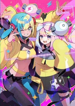 2girls aqua_hair bandeau bare_shoulders belt bike_shorts black_pants black_shorts blonde_hair blue_hair blue_pants blush bow-shaped_hair breasts canari_(pokemon) character_hair_ornament cleavage commentary_request criss-cross_halter dark-skinned_female dark_skin dress grey_dress grey_pantyhose grin hair_ornament halterneck highres homaderi iono_(pokemon) jacket long_hair long_sleeves looking_at_viewer mask medium_breasts medium_hair mouth_mask multicolored_hair multiple_girls navel nintendo one_eye_closed open_mouth pants pantyhose pantyhose_under_shorts pelvic_curtain pink_hair pokemon pokemon_legends:_z-a pokemon_sv purple_eyes short_dress shorts single_leg_pantyhose sleeves_past_fingers sleeves_past_wrists small_breasts smile split-color_hair thighs trait_connection twintails two-tone_hair two-tone_mask two-tone_pants yellow_bandeau yellow_jacket