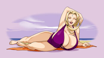 1girl arm_up bikini breasts brown_eyes cleavage commentary cross-laced_bikini cross-laced_clothes english_commentary full_body gigantic_breasts krokedrilo lips looking_at_viewer lying naruto_(series) official_alternate_costume on_side one_eye_closed open_mouth purple_bikini smile solo swimsuit tsunade_(naruto)