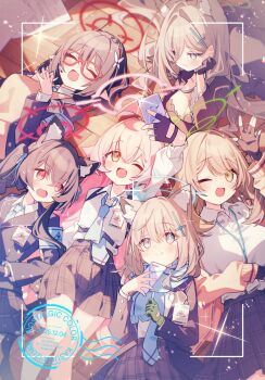6+girls :d :o abydos_high_school_logo ahoge animal_ear_fluff animal_ears armband ayane_(blue_archive) black_hair blonde_hair blue_archive blue_eyes blue_halo blue_necktie blue_ribbon blue_scarf breasts cellphone cleavage closed_eyes closed_mouth fang female_focus fingerless_gloves floor glasses gloves green_eyes green_halo grey_hair hair_ornament hair_ribbon halo highres hoshino_(blue_archive) indoors kasuga_haruhi lanyard long_hair long_sleeves lying muli multiple_girls necktie nonomi_(blue_archive) on_back open_mouth paper phone pink_hair pink_halo plaid_clothes plaid_skirt red_eyes red_halo ribbon scarf school_uniform selfie serika_(blue_archive) shiroko_(blue_archive) shiroko_terror_(blue_archive) shirt skirt smartphone smile tagme twintails watermark white_shirt wooden_floor yellow_eyes
