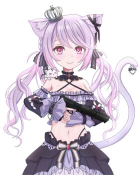 Rule 34 | 1girl, animal ears, black bow, black collar, black ribbon, black skirt, black sleeves, black tube top, blush, bow, skirt bow, breasts, cat ears, cleavage, closed mouth, collar, commentary request, cowboy shot, criss-cross halter, crown, detached collar, detached sleeves, ear ribbon, frilled tube top, frills, gun, hair bow, halterneck, handgun, highres, holding, holding gun, holding weapon, ina uruu, long hair, looking at viewer, low twintails, medium breasts, midriff, mini crown, nanashi inc., natsuki aya, navel, pink eyes, pink hair, ribbon, simple background, skirt, smile, solo, strapless, suppressor, tube top, twintails, two-tone bow, virtual youtuber, weapon, white background, white bow