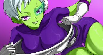 1girl belt blush bodysuit breasts cheelai cleavage colored_skin dragon_ball dragon_ball_super dragon_ball_super_broly gloves green-tinted_eyewear green_skin highres large_breasts pixie_cut purple_bodysuit purple_eyes saiyan_armor scouter short_hair smirk stretch_action takundraws thighs tinted_eyewear white_gloves white_hair