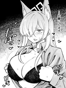 1girl animal_ears black_bra blue_archive blush bra dog_ears greyscale japanese_text kanna_(blue_archive) monochrome sharp_teeth shirt simple_background solo teeth underwear wan_chai_tengoku