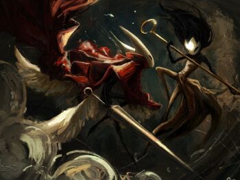 1other anelfchay arthropod_girl battle black_eyes black_hair black_skin boss_fight cloak colored_skin dress feathered_wings feathers floating_hair from_behind full_body grey_dress highres holding holding_weapon hollow_eyes hollow_knight hollow_knight:_silksong horned_mask hornet_(hollow_knight) looking_at_another mask needle_(hollow_knight) other_focus phantom_(hollow_knight) pin_(hollow_knight) red_cloak weapon white_feathers white_mask wings