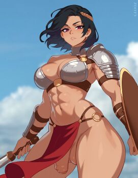 1futa abs arm_guards arm_shield armor arms_at_sides artist_name bikini_armor black_hair blue_sky breasts cloud cowboy_shot day flaccid floating_hair foreskin futanari glooz_art highres holding holding_sword holding_weapon large_breasts light_blush loincloth looking_at_viewer muscular muscular_female navel o-ring original outdoors parted_lips pauldrons penis phimosis red_eyes short_hair shoulder_armor single_pauldron sky solo standing sword teeth testicles thick_thighs thighs uncensored weapon
