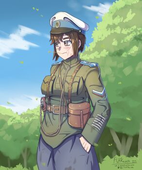 1girl absurdres ammunition_pouch artist_name belt belt_buckle blue_epaulettes blue_pants blue_sky breast_pocket breasts brown_eyes brown_hair buckle bush buttons cloud cloudy_sky cockade day dirty dirty_clothes epaulettes falling_leaves fluffkaiser forest frown green_jacket gun hair_between_eyes hand_in_pocket handgun harness hat high_collar highres holster jacket lanyard leaf leather_belt load_bearing_equipment looking_afar medium_breasts military military_combat_uniform military_fatigues military_jacket military_uniform mouth_hold nature nose original outdoors pants peaked_cap pocket pouch russia russian_civil_war russian_flag scar scar_on_face short_hair sidelocks signature sky soldier stalk_in_mouth standing strap tree upper_body weapon white_army white_hat
