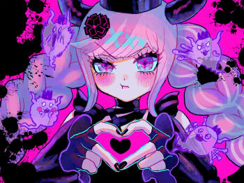 1girl bare_shoulders black_dress black_gloves black_horns black_nails blush braid crown dress eyelashes fingerless_gloves gloves hair_ornament heart heart_hands highres horns long_hair looking_at_viewer master_detective_archives:_rain_code multicolored_hair nail_polish open_mouth pink_eyes pink_hair portrait pout shinigami_(rain_code) smile solo symbol-shaped_pupils thick_eyelashes twin_braids twintails uyu_(yumeyumepop7)