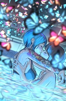 2girls absurdres afterlaughs arm_tattoo black_bra blue_butterfly bra breasts bug butterfly chloe_price french_kiss highres insect kiss life_is_strange_(series) life_is_strange_1 max_caulfield multiple_girls pool small_breasts tattoo underwear water yuri