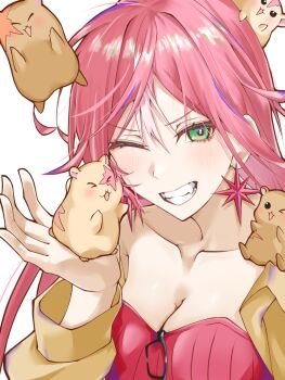 Rule 34 | 1girl, animal, arashiyama kimie, breasts, busido (taisei 0820), cleavage, commentary request, earrings, eyewear hang, green eyes, grin, hamster, highres, holding, holding animal, jewelry, long hair, long sleeves, marriagetoxin, one eye closed, pink hair, portrait, smile, solo, star (symbol), star earrings, unworn eyewear, white background