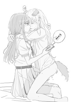 2girls animal_ears arms_around_neck bang_dream! bang_dream!_it's_mygo!!!!! belt blush breasts chinese_commentary chinese_text closed_eyes commentary_request controller crimiko dog_ears dog_girl dog_tail dress ear_blush face-to-face facing_another from_side full-face_blush hair_between_eyes hair_ornament hairclip hands_up heart highres holding holding_remote_control image_in_speech_bubble implied_fingering implied_vibrator kemonomimi_mode kneeling long_hair long_sidelocks long_sleeves looking_at_another monochrome multiple_girls nagasaki_soyo naked_shirt neck_ribbon no_shoes open_clothes open_mouth open_shirt plaid_clothes plaid_skirt profile puffy_short_sleeves puffy_sleeves pussy_juice pussy_juice_puddle remote_control ribbon sailor_dress school_uniform shirt short_sleeves sidelocks simple_background sitting skirt small_breasts speech_bubble spoken_heart summer_uniform sweat tail translation_request trembling tsukinomori_school_uniform wakaba_mutsumi white_background yuri