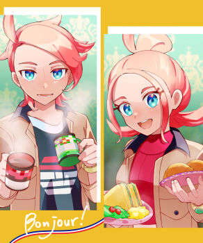 1boy 1girl black_shirt blue_eyes brown_eyes cup eyelashes food french_text highres holding holding_cup holding_plate mug nintendo open_mouth plate pokemon pokemon_legends:_z-a red_shirt ric_(aceradio) sandwich shirt steam taunie_(pokemon) urbain_(pokemon)